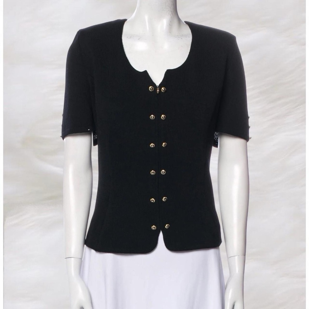 St. John Black Knit Sweater Zip Up w/ gold buttons